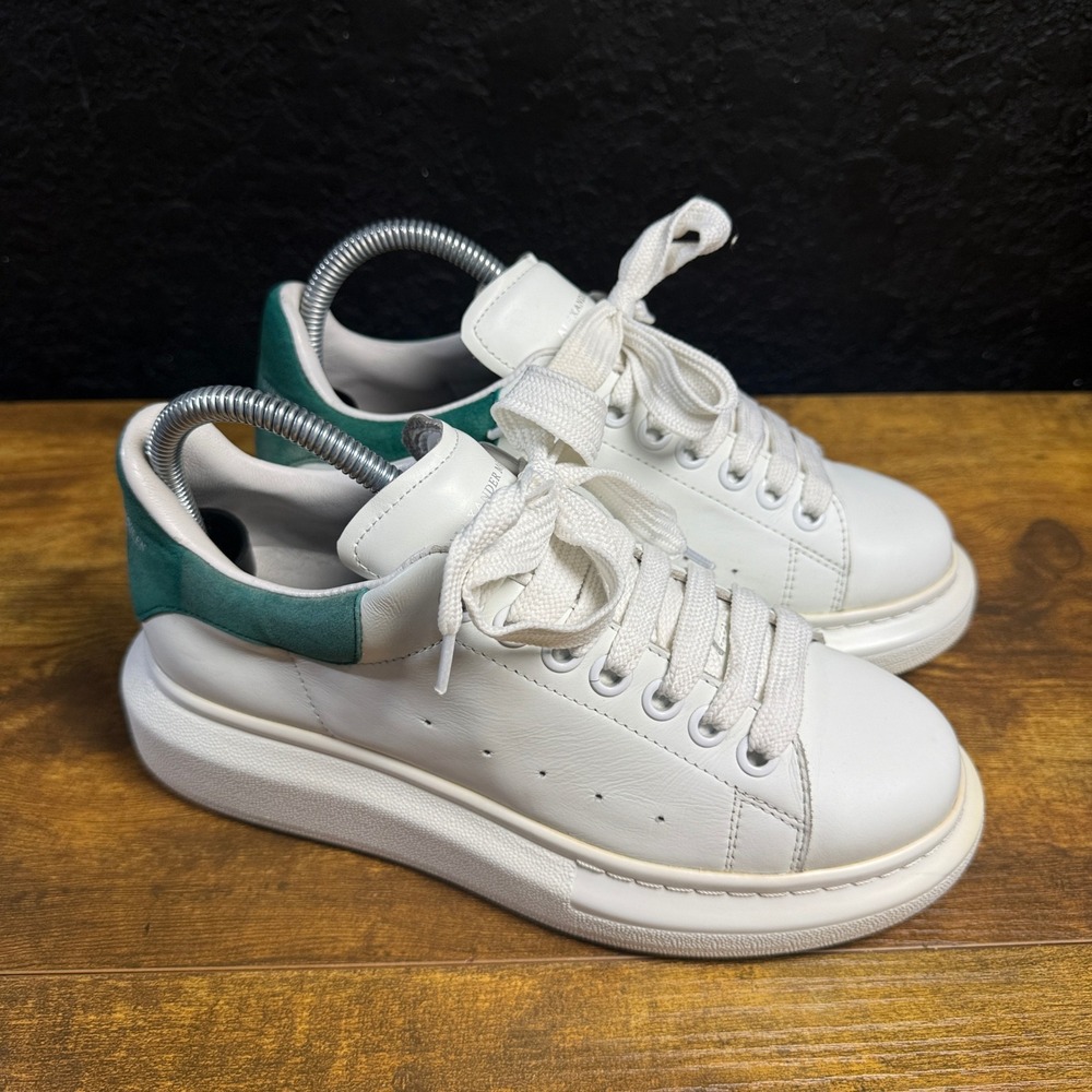 Alexander McQueen Oversized White Green Leather Sneakers Womens 38 EU
